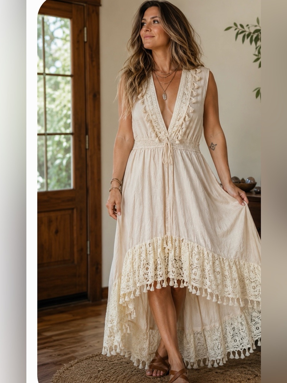 Cupshe Cream Tassel V-Neck Maxi Dress